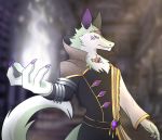  4_fingers absurd_res claws clothed clothing fangs fingers frown fully_clothed fur green_body green_fur hi_res jewelry looking_at_viewer magic markings neck_tuft sergal teal_eyes tuft unpopularwolf 