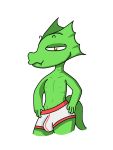  4_fingers bedroom_eyes boxer_briefs boxers_(clothing) bulge clothing fin fingers frill_(anatomy) front_view green_body green_skin half-closed_eyes lizard looking_at_viewer male miri-1017 portrait pose reptile saker scalie seductive smile smirk solo suggestive teasing teeth underwear 