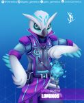  2019 absurd_res anthro avian beak bird black_sclera blue_eyes clothed clothing digital_media_(artwork) epic_games feathers fortnite fur gatogenerico hi_res lantern luminos male owl solo video_games white_body white_fur 