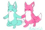  blue_body blue_fur blush bow dipstick_tail duo eyes_closed fur hand_holding mammal mirmakinggifs multicolored_tail open_mouth paws pink_body pink_fur ribbons signature smile walking 