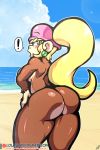  absurd_res anthro blonde_hair blush bodily_fluids breasts butt clothing cloud dixie_kong donkey_kong_(series) ear_piercing ear_ring female fur hair haplorhine hat_only headgear headwear headwear_only hi_res lollipopcon long_hair mammal monkey mostly_nude nintendo nude piercing ponytail primate side_boob solo sweat text url video_games water 