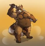  2019 anthro balls belly brown_body brown_fur canid canine flaccid fur glans humanoid_hands humanoid_penis male mammal moobs navel nipples one_eye_closed overweight overweight_male partially_retracted_foreskin penis raccoon_dog simple_background solo tanuki tongue tongue_out towel uncut wink zangusuu 