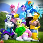  1:1 2019 3d_(artwork) anthro applejack_(mlp) blue_body blue_eyes blue_feathers clothed clothing digital_media_(artwork) emotional equid equine eyelashes feathered_wings feathers female fluttershy_(mlp) footwear forsaken_(artist) friendship_is_magic grass green_eyes group hi_res horn legwear looking_at_viewer mammal my_little_pony outside pinkie_pie_(mlp) pterippus rainbow_dash_(mlp) rarity_(mlp) smile twilight_sparkle_(mlp) unicorn wings yellow_body yellow_feathers 