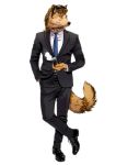  absurd_res billmund black_tie_(suit) brown_hair business_suit canid canine canis clothing eyewear hair hi_res looking_at_viewer male mammal necktie simple_background smoking_pipe solo suit sunglasses white_background wolf 