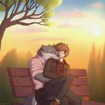 1:1 anthro bench black_nose blush brown_hair canid canine canis clothed clothing duo ears_back eyebrows eyes_closed eyewear fully_clothed glasses hair hi_res hug human male mammal park pink_clothing pink_shirt pink_topwear pivoted_ears shirt sunset thick_eyebrows topwear tree unpopularwolf wolf 