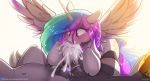  2019 bodily_fluids cum cum_from_nose cum_in_nose cutie_mark darkhazard digital_media_(artwork) double_oral equid faceless_male feathered_wings feathers fellatio female feral friendship_is_magic genital_fluids group hi_res horn male male/female mammal medial_ring my_little_pony navel oral penile princess_celestia_(mlp) sex silver_sickle_(oc) solo_focus vein winged_unicorn wings 