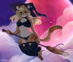  2019 4_toes 5_fingers anthro aukoon blonde_hair breasts brown_eyes detailed_background digital_media_(artwork) domestic_cat eyebrows eyelashes felid feline felis female fingers hair mammal midriff navel night outside sky solo star starry_sky toes 