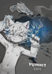  2019 absurd_res anthro cigarette domestic_cat felid feline felis gun hair handgun hi_res lying male mammal nipples on_back puinkey_(artist) puinkey_(character) ranged_weapon revolver signature solo weapon 