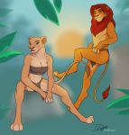  abs anthro anthrofied claws clothed clothing commissions_open digital_media_(artwork) disney duo duskdragyn fan_character felid female hair lion looking_at_viewer male mammal mostly_nude muscular muscular_male nala orange_body pantherine partially_clothed paws red_hair seductive simba sitting smile the_lion_king 