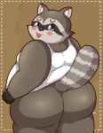  2019 anthro blue_eyes butt clothing hi_res kusosensei male mammal overweight overweight_male procyonid raccoon shirt simple_background solo tank_top tongue tongue_out topwear 