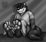  anthro clothed clothing greyscale hi_res looking_at_viewer lutrine male mammal monochrome mustelid pawpads paws pawzzhky soles solo 