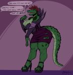  anthro big_breasts breasts cleavage clothed clothing crocodilian dialogue female footwear greasymojo hi_res high_heels reptile scalie shoes torn_clothing 