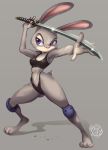  anthro barefoot biped bodily_fluids bra breasts butt_from_the_front clothed clothing disney female fur grey_background grey_body grey_fur hi_res holding_object holding_sword holding_weapon judy_hopps katana knee_pads lagomorph leporid light lighting mammal melee_weapon midriff muscular muscular_female nauyaco panties pink_nose purple_eyes rabbit scut_tail shadow signature simple_background skimpy solo standing sweat sword thick_thighs underwear weapon white_body white_fur wide_hips zootopia 