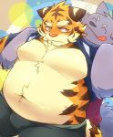  2019 anthro belly blush boar_stag144 bottomwear bulge clothing duo eyes_closed felid hi_res hug hugging_from_behind male mammal moobs navel overweight overweight_male pantherine shirt shorts tiger tongue tongue_out topwear 