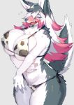  2017 4_fingers animal_bikini animal_print anthro big_breasts bikini blue_eyes blush breasts canid canine canis clothed clothing cow_bikini cow_print embarrassed eyebrows female fingers fur grey_body grey_fur grey_hair hair huge_breasts kemono kishibe looking_at_viewer mammal midriff multicolored_hair open_mouth pattern_clothing pattern_swimwear pink_hair raised_tail simple_background solo swimwear teeth tongue white_body white_fur white_hair wolf 