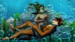  anthro black_hair breasts brown_body brown_fur bubble butt canid canine canis digital_media_(artwork) feet female fur hair hand_on_butt humanoid_feet lutrine male mammal mustelid nude red_body red_fur romantic sex text twistedpeppermintstars underwater underwater_sex water wolf 