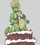  2019 anthro belly big_belly big_breasts bikini biped blush breasts cake camel_toe choker clothing cream_(disambiguation) curvy_figure embarrassed eyebrows eyelashes food food_play fruit green_body green_scales hair hi_res horn jewelry lizard messy necklace non-mammal_breasts plant reccand reptile scales scalie slightly_chubby solo standing swimwear thick_thighs voluptuous wide_hips 