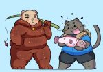  2019 anthro blue_background blush bottomwear brown_body brown_fur clothing cute_fangs domestic_cat duo eyes_closed felid feline felis fish fur hi_res inigo_(kusosensei) kusosensei male mammal marine overweight overweight_male rocky_(kusosensei) shirt shorts simple_background topwear ursid 