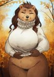  2019 5_fingers anthro autumn big_breasts bottomless breasts brown_body brown_fur brown_hair clothed clothing curvy_figure day detailed_background eyes_closed female fingers forest fur hair mammal nora_(tasanko) outside pussy sky smile solo sweater tas-alt tasanko thick_thighs topwear tree undressing ursid voluptuous wide_hips 