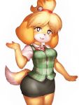  accessory animal_crossing anthro blonde_hair breasts canid canine canis clothing domestic_dog female fumio936 fur hair hair_accessory isabelle_(animal_crossing) mammal nintendo open_mouth open_smile simple_background smile solo video_games 
