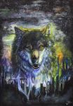  2012 ambiguous_gender black_body black_fur brown_eyes canid canine canis detailed_background fur headshot_portrait looking_at_viewer mammal night open_mouth outside portrait sky star starry_sky teeth traditional_media_(artwork) wolf wolfroad 