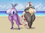  absurd_res areola areola_slip beach big_breasts bikini breasts cleavage clothed clothing crossgender deadpliss female footwear hi_res high_heels huge_breasts kaboozle mega_ampharos mega_evolution nidoking nintendo pok&eacute;mon pok&eacute;mon_(species) seaside shoes swimwear thick_thighs video_games 