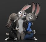  2019 3d_(artwork) anthro black_background black_clothing bodysuit claws clothing digital_media_(artwork) disney eyebrows eyelashes featureless_chest featureless_crotch female female/female fingers fur grey_body grey_fur group handwear hi_res judy_hopps kneeling lagomorph leporid long_ears looking_pleasured looking_up mammal melo mostly_nude multicolored_body multicolored_ears multicolored_fur open_mouth pink_nose police_badge police_uniform purple_eyes rabbit selfcest short_tail simple_background skinsuit smile square_crossover teeth tight_clothing toeless_legwear tongue tongue_out uniform white_body white_fur zootopia 