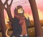  absurd_res anthro brown_hair clothed clothing coat felid fully_clothed hair hi_res leaf lion male mammal mane outside pantherine park pink_nose scarf shirt solo soukuugo topwear tree unpopularwolf 