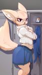  2019 aggressive_retsuko annoyed anthro bottomwear breasts canid canine cellphone clothing female fennec fenneko fox kiit0s looking_at_viewer mammal phone sanrio shirt skirt solo topwear 