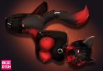  2019 anthro ball_gag bdsm black_collar black_nose bodily_fluids bondage bound breasts canid canine collar drooling female fixed_toy fox frogtied gag gagged legs_tied lying mammal moddish navel nipples on_side red_eyes red_nipples saliva sex_toy solo vibrator 