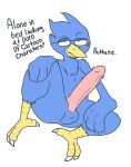  2019 3_fingers 3_toes anthro avian balls beak berdly big_penis biped bird_feet blue_balls blue_body blue_feathers deltarune english_text erection eyebrows eyewear faetomi feathers fingers glans glasses half-closed_eyes hand_on_leg hand_on_thigh hi_res huge_penis humanoid_penis insult looking_at_viewer male mocking nude penis pink_penis raised_eyebrow scutes simple_background sitting smile smirk smug solo spread_legs spreading talons text toes video_games white_background 