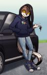  anthro biped bottomwear car clothing female footwear hair hi_res hoodie jeans kittell_(artist) looking_at_viewer pants python reptile scalie shoes simple_background snake solo topwear vehicle 