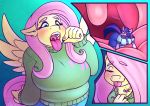  anthro big_breasts breasts comic digital_media_(artwork) equid equine female female_pred female_prey fluttershy_(mlp) friendship_is_magic horn macro mammal micro my_little_pony neck_bulge oral_vore overweight overweight_female sheela slightly_chubby swallowing tongue tongue_out twilight_sparkle_(mlp) unicorn uvula vore 