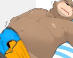  2019 anthro belly black_nose blush bodily_fluids brown_body brown_fur clothing drooling eyes_closed fur gayousi7 hi_res japanese_text lying male mammal moobs navel nipples overweight overweight_male saliva sleeping solo text underwear ursid 