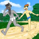  1:1 anthro anthrofied briefs bulge clothed clothing coalby_(fuze) duo fuze hi_res male navel nintendo nipples outside park pawl_(fuze) pok&eacute;mon pok&eacute;mon_(species) poochyena quilava running tighty_whities topless underwear underwear_only video_games 