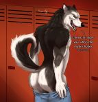  2019 5_fingers anthro black_body black_fur black_nose bodily_fluids bottomwear brown_eyes butt canid canine canis claws clothed clothing detailed_background dialogue digital_media_(artwork) domestic_dog english_text eyebrows fangs fingers fur hi_res husky locker locker_room looking_at_viewer looking_back male mammal meme muscular muscular_male musk neck_tuft nordic_sled_dog open_mouth partially_clothed presenting presenting_hindquarters raised_tail sepulte signature solo spitz sweat teeth text tongue tuft undressing white_body white_fur 