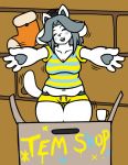  anthro belly black_nose breasts canid canine canis clothed clothing felid feline felis female fluffymonkei fur grey_hair hair hi_res mammal open_mouth open_smile slightly_chubby smile solo tem temmie_(undertale) undertale video_games 