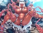  bikini breasts censored dark_skin demon game_cg garter horns long_hair muchimuchi_dekapai_mara_gui_maou-sama_to_onboro_yojouhan_dousei_seikatsu necklace orange_eyes orc_soft phrygia_ornstein pointed_ears sian spread_legs sunglasses swimsuit tentacles wet white_hair 