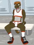  anthro anthrofied athletic biped briefs bulge clothed clothing crop_top fossil_pok&eacute;mon fuze hi_res locker_room male midriff nintendo pok&eacute;mon pok&eacute;mon_(species) shirt sitting solo tank_top topwear tyrunt underwear video_games 