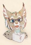  2013 anthro blue_eyes bust_portrait cheek_tuft chest_tuft ear_tuft eyewear face_tuft fangs felid feline fluffy fur glasses grey_body grey_fur head_tuft inner_ear_fluff lynx male mammal open_mouth open_smile pink_nose portrait seylyn signature simple_background smile solo spots synx_the_lynx tan_background teeth tongue tuft whiskers white_body white_fur 