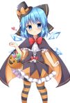  1girl adapted_costume blue_eyes blue_hair blush bow bowtie candy cape cirno corset detached_wings food frilled_shirt frilled_skirt frills hair_bow halloween halloween_basket halloween_costume hand_up hat heart highres ice ice_wings kuraaken large_bow looking_at_viewer mini_hat open_mouth pantyhose puffy_short_sleeves puffy_sleeves shirt short_sleeves simple_background skirt solo striped striped_legwear top_hat touhou white_background wings 