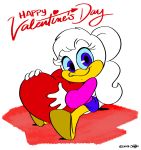  &lt;3 2018 4_fingers anatid anseriform anthro avian beak biped bird blue_eyes clothing duck english_text eyebrows eyelashes feathers female fingers hair hi_res holidays jill_(joaoppereiraus) joaoppereiraus looking_at_viewer ponytail signature simple_background sitting smile solo text valentine&#039;s_day white_background white_body white_feathers yellow_beak 