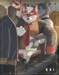  2019 absurd_res anthro belly bottomwear briefs bulge cai1448331577 canid canine clothing eyes_closed eyewear fur glasses grope group hi_res humanoid_hands male mammal necktie one_eye_closed pants red_body red_fur shirt slightly_chubby tighty_whities topwear underwear white_clothing white_underwear wink 
