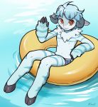  anthro bovid caprine clothed clothing floating gesture girly hair hooves horn inflatable inner_tube kittell_(artist) looking_aside looking_at_viewer male mammal navel nipples pool_toy sheep signature slim solo underwear water waving 