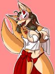  2019 2_tails absurd_res anthro black_hair blush breasts canid canine capaoculta_(artist) female fox fur hair hi_res long_hair mammal mask masked_fox_(kame_3) multi_tail orange_body orange_fur shrine_maiden signature simple_background smile solo squeezing_breast tongue tongue_out 