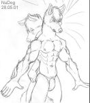  2001 angry anthro black_and_white canid canine clothed clothing duo male mammal monochrome muscular muscular_male nudog sketch skimpy underwear 