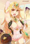  1girl arm_behind_head arm_up armpits artist_name blonde_hair blush breasts burnt_food cleavage egg elbow_gloves food frying_pan gloves highres hikari_(xenoblade_2) index_finger_raised large_breasts long_hair looking_at_viewer open_mouth patreon_username rtil sleeveless solo spatula standing sunlight thigh_strap watermark web_address white_gloves window xenoblade_(series) xenoblade_2 yellow_eyes 