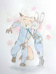  anthro anthro_on_anthro barefoot black_nose bottomwear canid canine claws clothed clothing dipstick_ears dipstick_tail disney duo eyes_closed fox fully_clothed fur gloves_(marking) grey_body grey_fur hi_res judy_hopps kissing_cheek lagomorph leporid mammal markings multicolored_ears multicolored_tail necktie nick_wilde painting_(artwork) pants police_uniform rabbit red_fox shirt simple_background standing surprise toeless_legwear topwear traditional_media_(artwork) ulako uniform watercolor_(artwork) white_background zootopia 