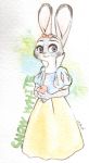  anthro apple clothed clothing cosplay dipstick_ears disney dress food fruit fully_clothed fur grey_body grey_fur hi_res holding_food holding_object judy_hopps lagomorph leporid looking_at_viewer mammal multicolored_ears painting_(artwork) plant purple_eyes rabbit smile solo traditional_media_(artwork) ulako watercolor_(artwork) white_body white_fur zootopia 