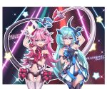  asymmetrical_horns blue_eyes breasts chund dress flower gloves hair_ornament hairclip highres honkai_(series) honkai_impact_3rd intertwined_tails liliya_olyenyey long_hair mechanical_horns mechanical_tail mismatched_gloves open_clothes open_dress red_flower red_rose rose rozaliya_olyenyey siblings tail thick_eyebrows twins 